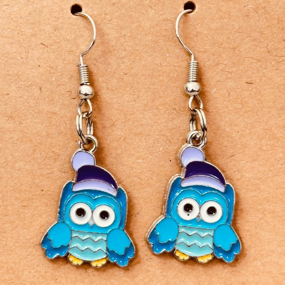 Handcrafted Stainless Steel Owl Dangle Earrings Winter Enamel Blue Purple Charms